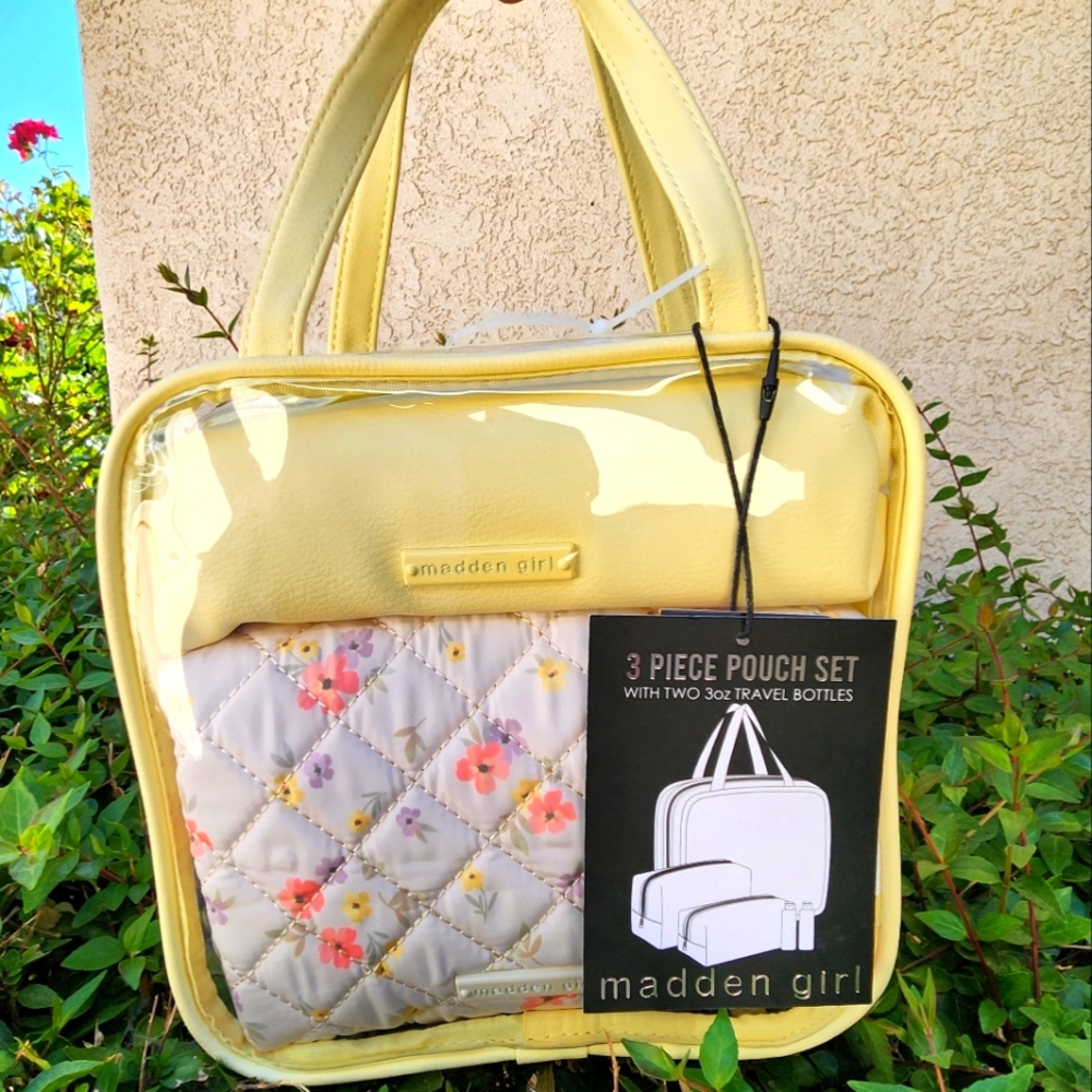 Madden Girl Vintage Style Yellow Floral Travel Cosmetic Bag 3-pc